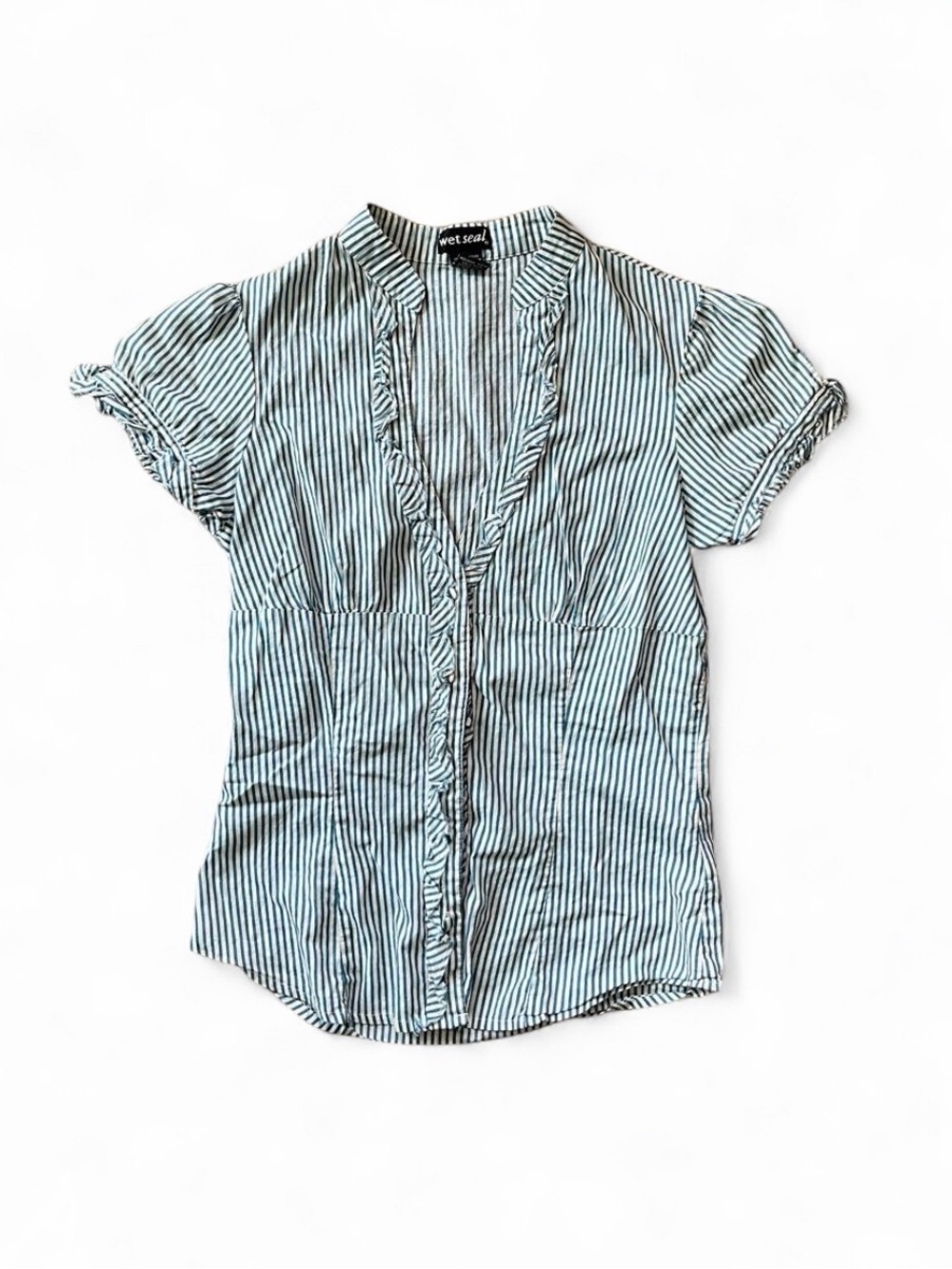 Wet Seal White & Blue Vertical Stripe Ruffle Blouse